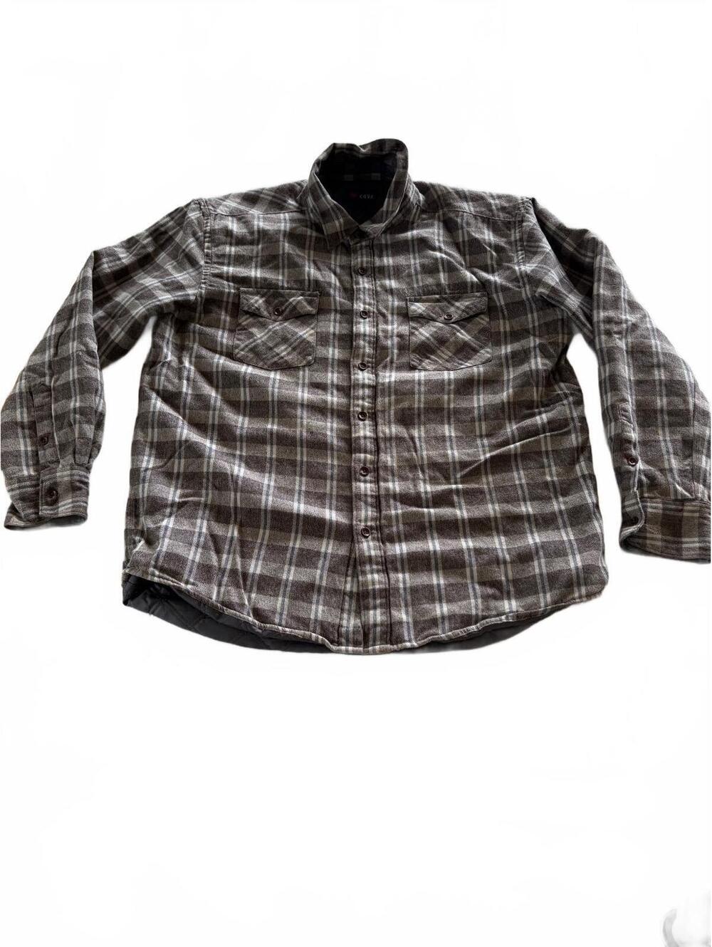 COVA Men's Plaid Flannel Shirt Jacket Quilted Lined Heavy Shacket Gray Tan L